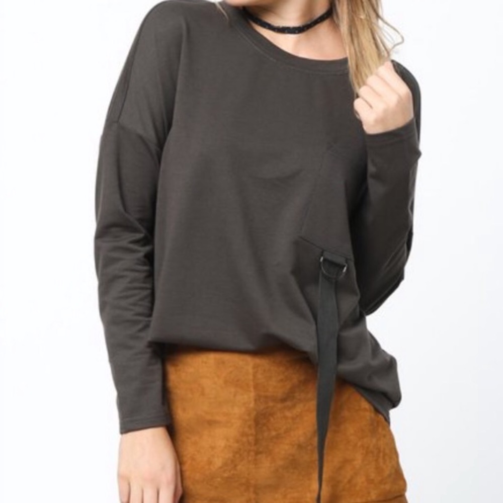 Edgy Olive Green Front Pocket Loop Long Sleeve Top